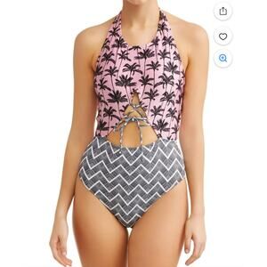 Pink Palm Tree One Piece Swimsuit Cutout Halter Monokini Chevron Print Pink Gray
